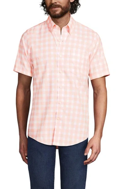 Lands' End Short Sleeve No Iron Twill Shirt In Peach Plaid