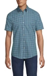 Lands' End Short Sleeve No Iron Twill Shirt In Rain Storm Blue Windowpane