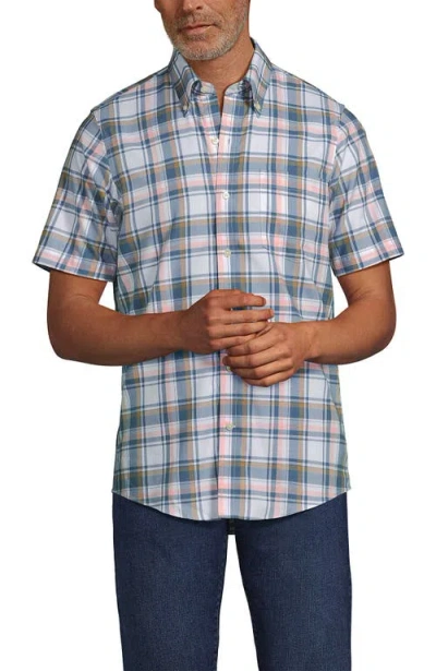Lands' End Short Sleeve No Iron Twill Shirt In White/rain Storm Blue Plaid