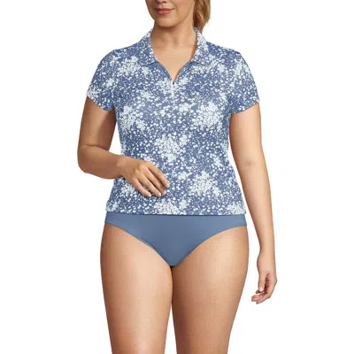 Lands' End Plus Size Short Sleeve Pique Johnny Collar Upf 50 Rash Guard In Dusk Sky Meadow Ditsy Floral
