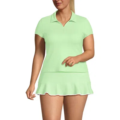 Lands' End Plus Size Short Sleeve Pique Johnny Collar Upf 50 Rash Guard In Icy Mint/white