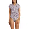 Lands' End Short Sleeve Pique Johnny Collar Upf 50 Rash Guard In White Multi Ditsy Floral