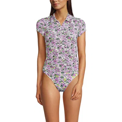 Lands' End Short Sleeve Pique Johnny Collar Upf 50 Rash Guard In White Multi Ditsy Floral