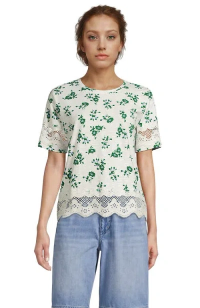 Lands' End Short Sleeve Slub Jersey Cutwork T-shirt In Ivory/bluegrass Floral