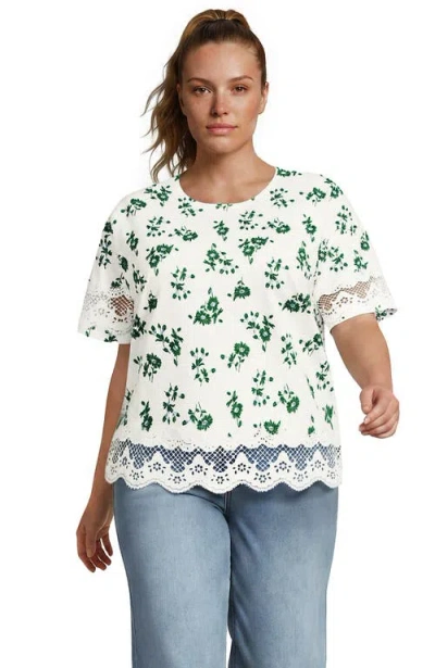 Lands' End Short Sleeve Slub Jersey Cutwork T-shirt In Ivory/bluegrass Floral