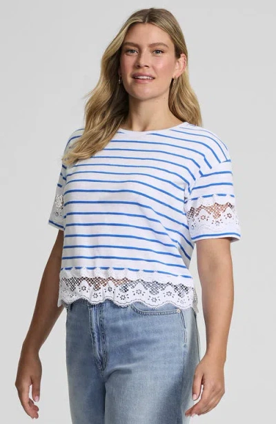 Lands' End Short Sleeve Slub Jersey Cutwork T-shirt In White/bright Blue Stripe