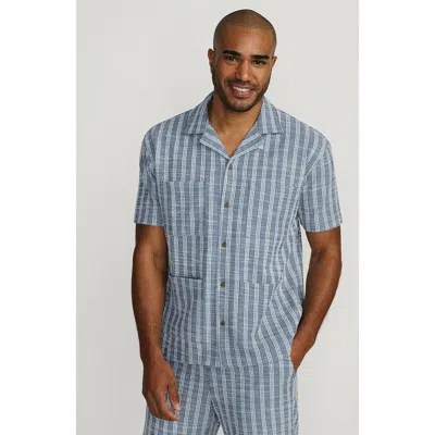 Lands' End Short Sleeve Textured Jacquard Camp Collar Shirt In Blue