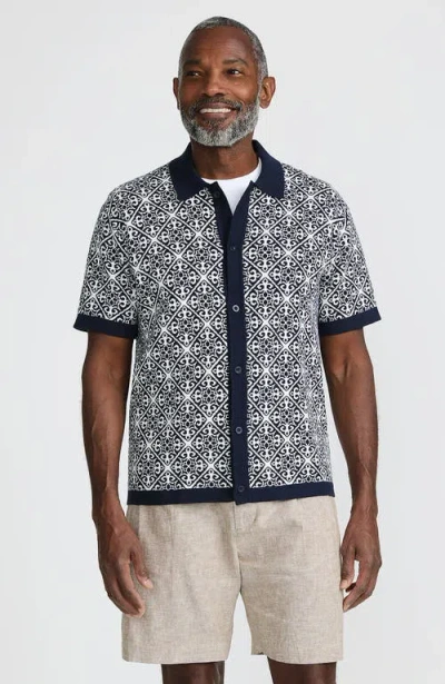 Lands' End Short Sleeve Tile Jacquard Button Down Sweater Polo