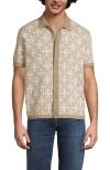 Lands' End Short Sleeve Tile Jacquard Button Down Sweater Polo In Brown