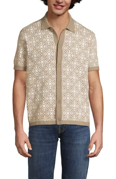 Lands' End Short Sleeve Tile Jacquard Button Down Sweater Polo In Brown