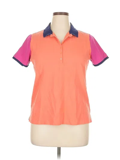 Pre-owned Lands' End Short Sleeve Top Orange Color Block Pattern Collared Neckline Tops