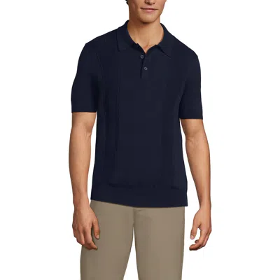 Lands' End Short Sleeve Vertical Rib Button Down Sweater Polo In Blue