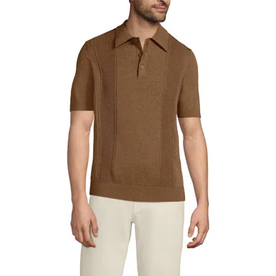 Lands' End Short Sleeve Vertical Rib Button Down Sweater Polo In Brown