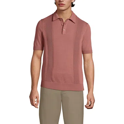 Lands' End Short Sleeve Vertical Rib Button Down Sweater Polo In Pink