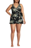 Lands' End Side Tie Mini Swim Dress Swimsuit In Black Plumeria Border