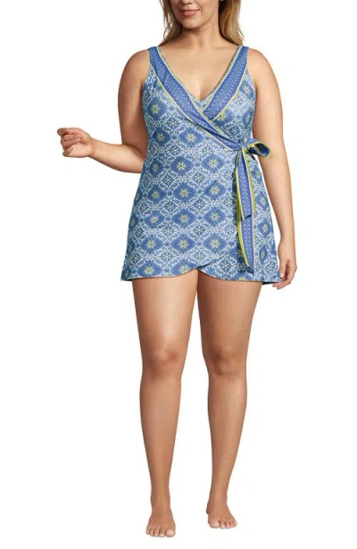 Lands' End Side Tie Mini Swim Dress Swimsuit In Blue