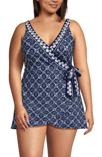 Lands' End Side Tie Mini Swim Dress Swimsuit In Blue