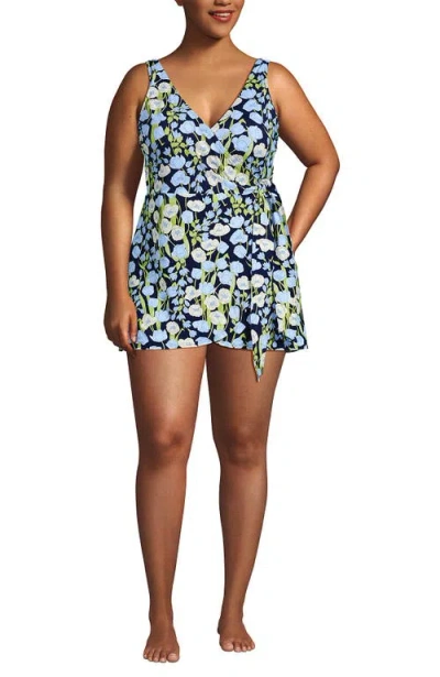 Lands' End Side Tie Mini Swim Dress Swimsuit In Blue