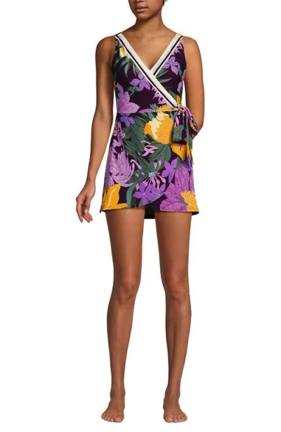 Lands' End Side Tie Mini Swim Dress Swimsuit In Dark Wine Floral Blooms Border