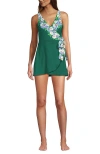 Lands' End Side Tie Mini Swim Dress Swimsuit In Emerald Floral Placement