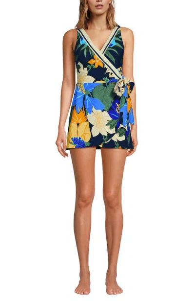 Lands' End Side Tie Mini Swim Dress Swimsuit In Navy Floral Blooms Border