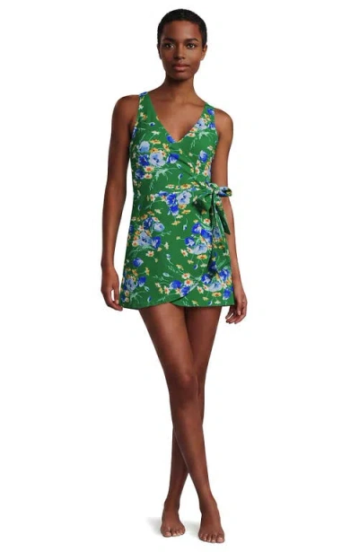 Lands' End Side Tie Mini Swim Dress Swimsuit In Green