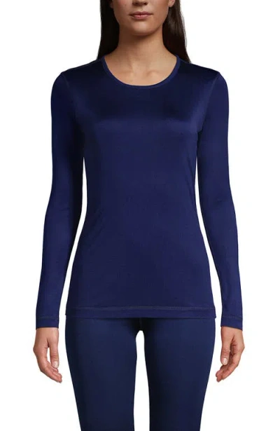 Lands' End Silk Interlock Long Sleeve Crewneck Long Underwear Top In Deep Sea Navy