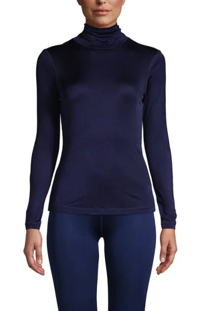 Lands' End Silk Interlock Turtleneck Long Underwear Top In Deep Sea Navy