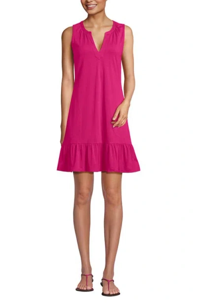 Lands' End Sleeveless Cotton Jersey Notch Neck Flounce Dress In Pink