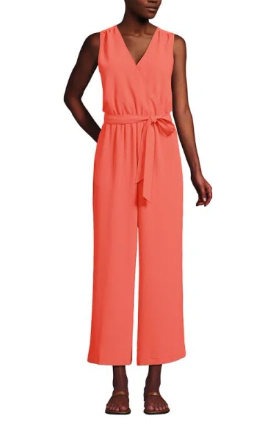 Lands' End Sleeveless Creaseless Wrap Jumpsuit In Living Coral