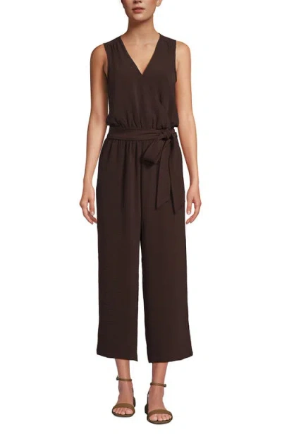 Lands' End Sleeveless Creaseless Wrap Jumpsuit With Smocked Waist In Brown