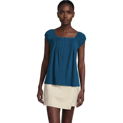 Lands' End Sleeveless Lightweight Jersey Pintuck Button Front Blouse In Blue