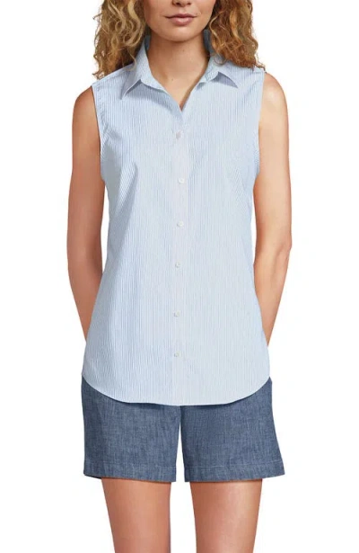 Lands' End Sleeveless No Iron Shirt In Royal Cobalt Double Pinstripe