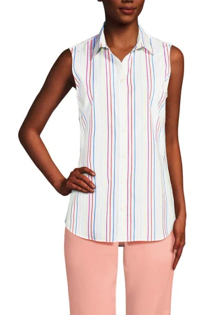 Lands' End Sleeveless No Iron Shirt In White/cerise Pink Multi Stripe