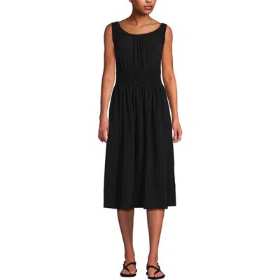 Lands' End Sleeveless Poplin Smocked Midi Dress In Black