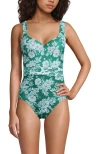 Lands' End Slender Suit Belted Sweetheart One Piece In Emerald Romatic Floral Mix