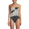 Lands' End Slender Suit Shine Bandeau Tummy Control Chlorine Resistant High Leg One Piece Swimsuit In Black/egret Mixed Tossed Dots
