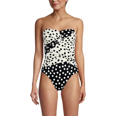Lands' End Slender Suit Shine Bandeau Tummy Control Chlorine Resistant High Leg One Piece Swimsuit In Black/egret Mixed Tossed Dots