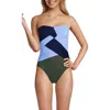 Lands' End Slender Suit Shine Bandeau Tummy Control Chlorine Resistant High Leg One Piece Swimsuit In Navy/cloud Blue/olive Green