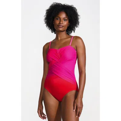 Lands' End Slender Suit Shine Bandeau Tummy Control Chlorine Resistant High Leg One Piece Swimsuit In Pink Multi Ombre