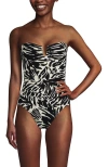 Lands' End Slender Suit Tummy Control U-wire Bandeau One Piece Swimsuit In Black/egret White Leaf Scroll