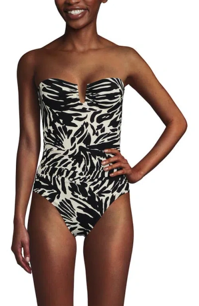 Lands' End Slender Suit Tummy Control U-wire Bandeau One Piece Swimsuit In Black/egret White Leaf Scroll