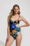 Lands' End Slender Suit Tummy Control U-wire Bandeau One Piece Swimsuit In Navy Multi Floral Blooms