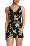 Lands' End Slender Suit Tummy Control Wrap Tankini Swimsuit Top In Black Plumeria Floral