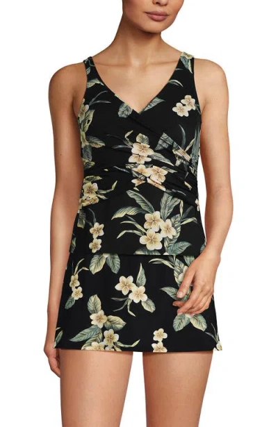 Lands' End Slender Suit Tummy Control Wrap Tankini Swimsuit Top In Black Plumeria Floral