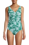 Lands' End Slender Suit Tummy Control Wrap Tankini Swimsuit Top In Emerald/white Romatic Floral