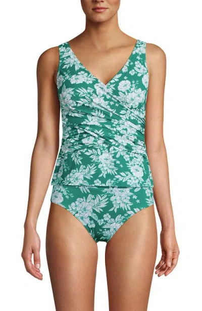 Lands' End Slender Suit Tummy Control Wrap Tankini Swimsuit Top In Emerald/white Romatic Floral