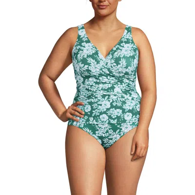 Lands' End Slender Suit Tummy Control Wrap Tankini Swimsuit Top In Emerald/white Romatic Floral
