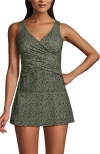Lands' End Slender Suit Tummy Control Wrap Tankini Swimsuit Top In Olive Green/thyme Ditsy Lilies