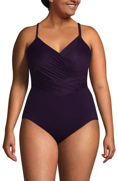 Lands' End Slender Suit V-neck Pleated X-back One Piece Swimsuit Adjustable Straps In Blackberry